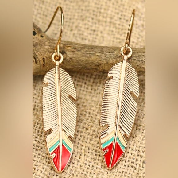 NWT Gold Aztec Native Feather EARRINGS Boho - Picture 4 of 7